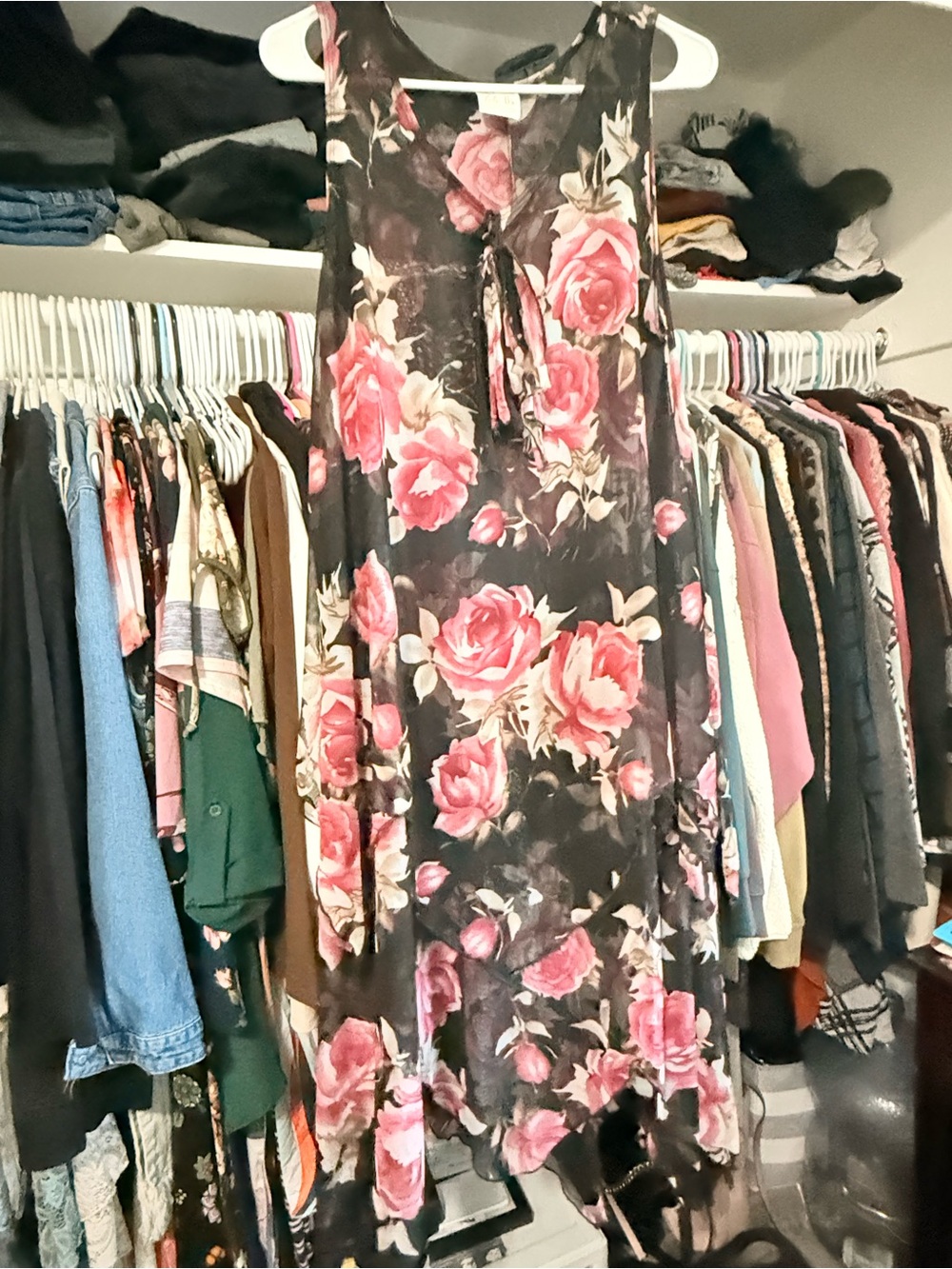 Aleena Mesh Floral Sleeveless layering mesh top - Black with Pink Rose Print